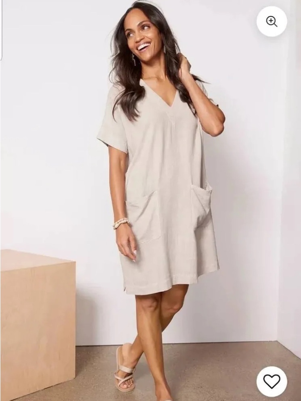 Splendid Linen Blend Taupe‎ V-Neck Midi Dress with Front Pockets Size Small